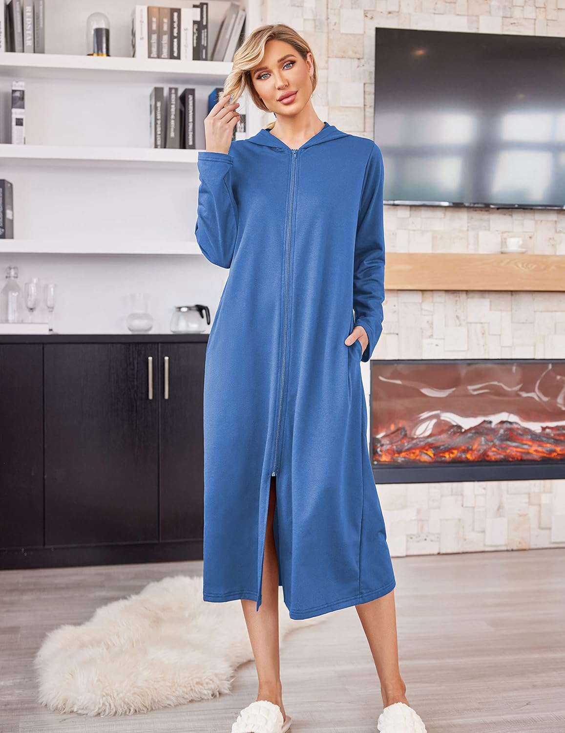 Ekouaer レディース 長袖 スリープシャツ Vネック ゆったり ナイト